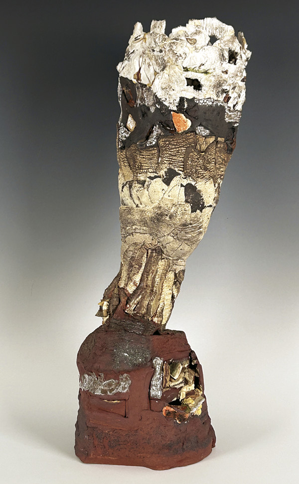 1 Donna Forst’s Numina #39, 24 in. (61 cm) in height, handbuilt recycled stoneware and recycled porcelain, stain, glaze, fired to cone 6 in an electric kiln, multiple firings, 2024.