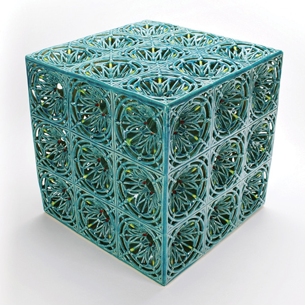 3 Eliza Au’s Lattice Cube, 11 in. (27.9 cm) in height, stoneware, 2022.