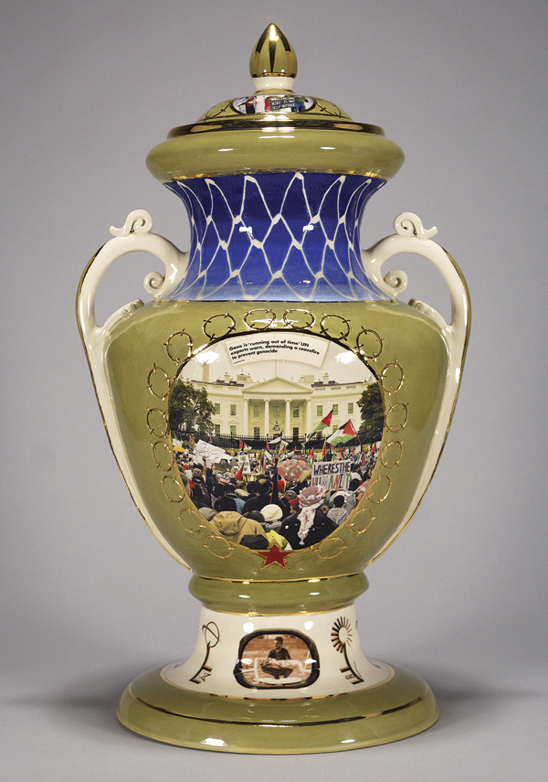 2 Connor Czora’s Trenton Vase: Empire, 22 in. (55.9 cm) in height, porcelain, glaze, custom ceramic decals, gold luster, 2024.