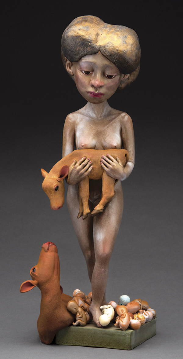 3 Diana Farfan’s The Last Kiss, 23 in. (58.4 cm) in height, ceramic, underglaze, glaze, fired in oxidation to mid-range temperature, 2022.