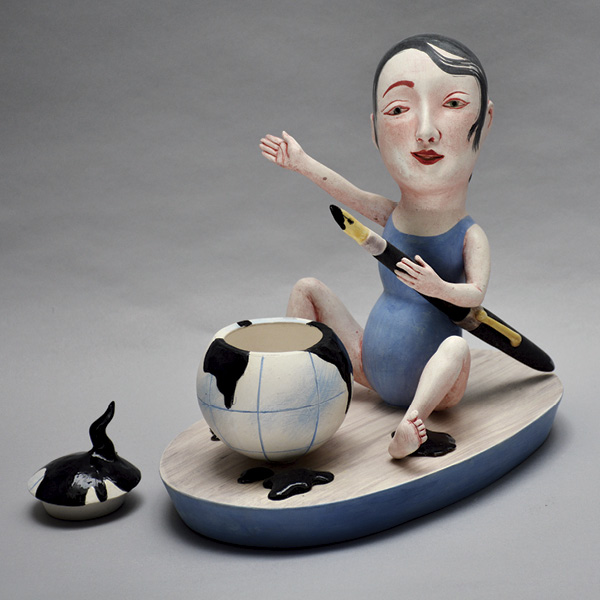 1 Patti Warashina’s Ink Slinger, 10 in (25.4 cm) in height, earthenware, underglaze, glaze, 2024.