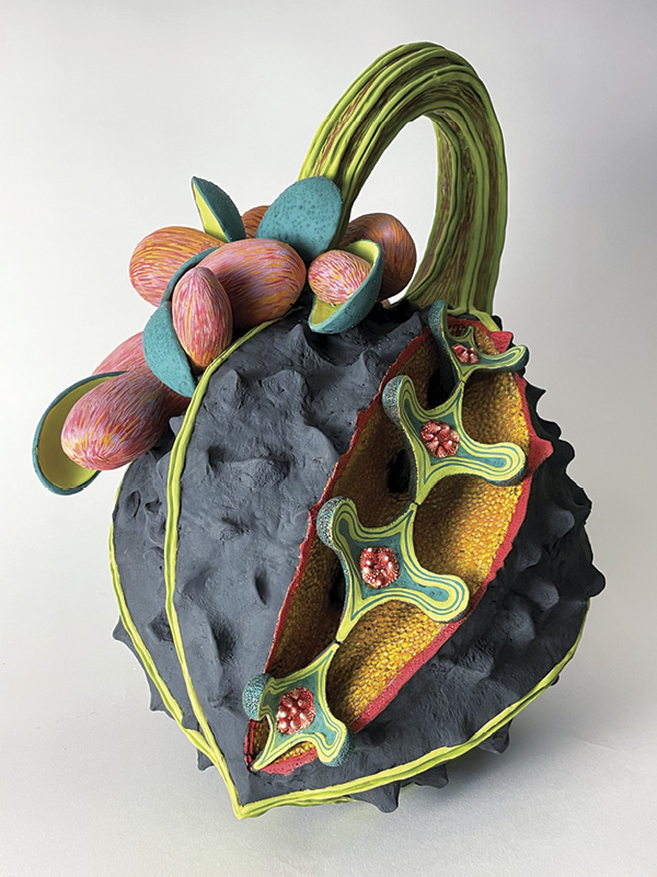 2 Carol Gouthro’s Sporangiaflora, 18 in. (45.7 cm) in height, red terra cotta, slip, stain, underglaze, glaze, 2024.