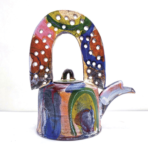 1 Justin Rothshank’s teapot, 12 in. (30.5 cm) in height, earthenware, underglaze, fired to cone 3 in a soda kiln, 2024.