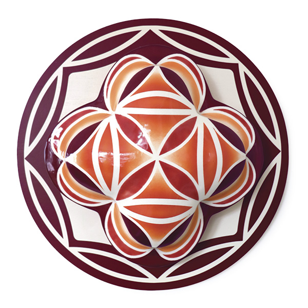 1 Kara Thomas’ Root and Sacral Clover on Maroon, 12 in. (30.5 cm) in height, slip-cast porcelain, fired to cone 6, vinyl, wood, 2025.