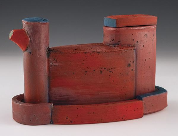 1 Marty Fielding’s oil bottle, 7½ in. (19.1 cm) in width, handbuilt earthenware, underglaze, glaze, fired to cone 3 in an electric kiln, 2025.