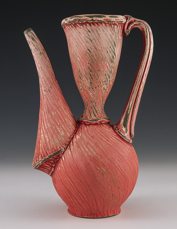 6 Eric Botbyl’s ewer, 9¼ in. (23.5 cm) in height, wheel-thrown and altered dark stoneware, underglazes, multiple firings, fired to cone 6, 2025.