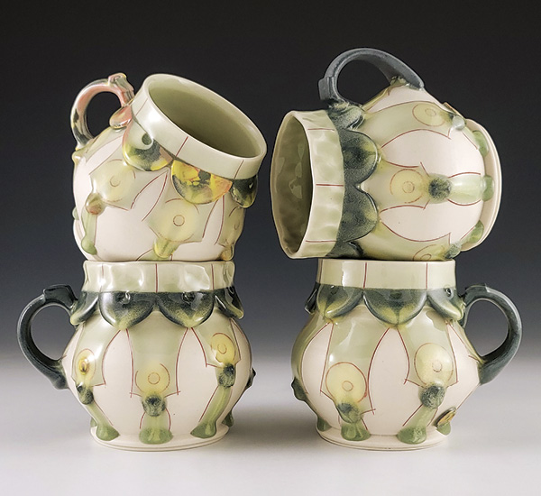 1 Shawn S. Spangler’s mugs, to 7¾ in. (19.7 cm) in height, cone-8 porcelain, 2024.