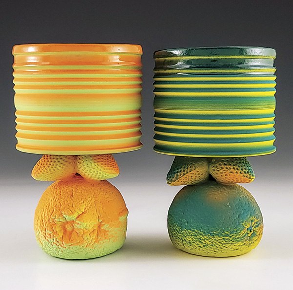 3 José Flores Nava’s Orange and Teal Cups, to 6¾ in. (17.2 cm) in height, cone-5 stoneware, underglaze, glaze, 2024.