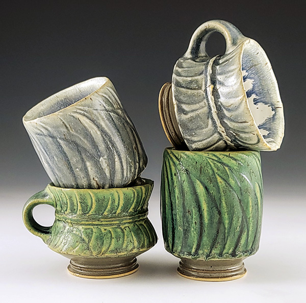 4 Will McComb’s mugs, to 7 in. (17.8 cm) in height, cone-6 stoneware, 2024.