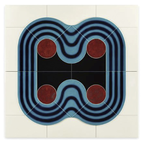 7 Lubna Chowdhary's Sign 9, 4 ft. 7 in. (1.4 m) in width, glazed ceramic, fired to cone 5, wooden board, 2022. Courtesy of The Ishara Art Foundation and the Prabhakar Collection.