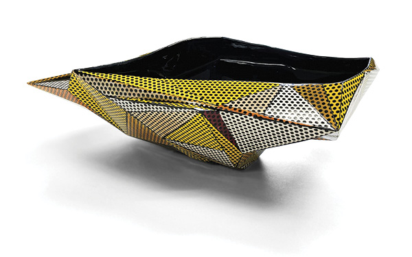 Wade MacDonald's Dotted Fracture Bowl, 18 in. (45.7 cm) in width, slip-cast porcelain, underglazes, fired in oxidation to cone 05, 2024.