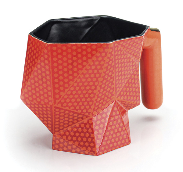 2 Wade MacDonald's Orange Dotted Fracture Mug, 5 in. (12.7 cm) in height, slip-cast porcelain, underglazes, glaze, luster, fired in oxidation to cone 5, 2021.