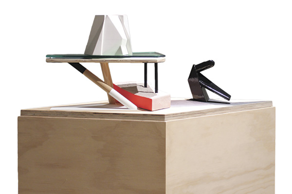 Wade MacDonald's Utterly Forgettable Homes No.4, 3 ft. 6 in. (1.1 m) in height, slip-cast and press-molded porcelain and stoneware, underglazes, glaze, fired in oxidation to cone 5, wood, Plexiglas, paper, acrylic paint, 2019.