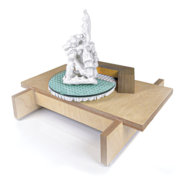 4 Wade MacDonald's Objects at the End No.2, 18 in. (45.7 cm) in length, handbuilt stoneware, fired in oxidation to cone 5, wood, plastic, Plexiglas, acrylic paint, 2022.