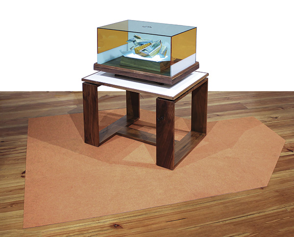 6 Wade MacDonald's Paltry Conversations: A Dedication, 32 in. (81.3 cm) in height, press-molded stoneware, underglaze, glaze, fired in oxidation to cone 05, wood, Plexiglas, LED lights, acrylic paint, 2022.