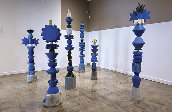 4 Armando Minjarez’s Totem #1, #2, #3, #4, #5, #6, stoneware, concrete base. “Transmutación,” at Reuben Saunders Gallery (www.reubensaundersgallery.com) in Wichita, Kansas, March 7–29, 2025.