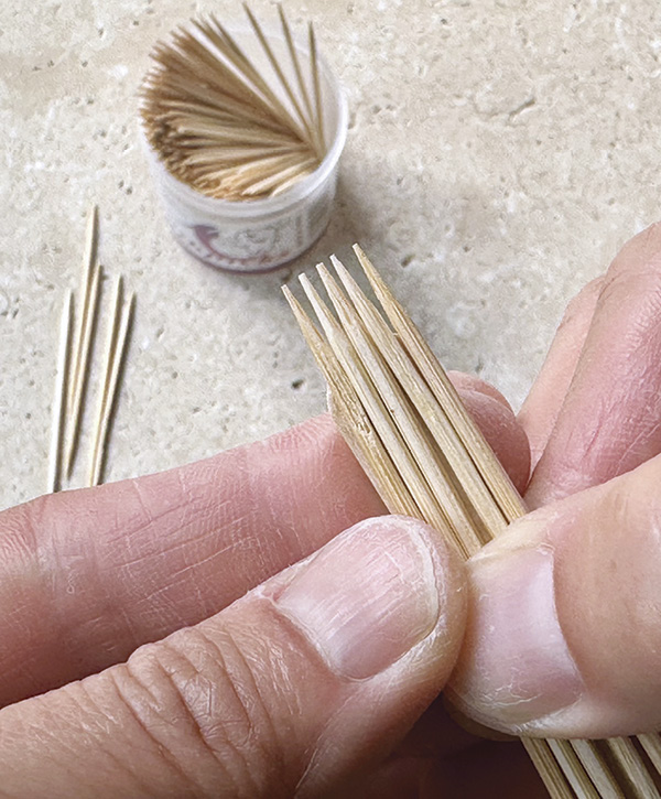 1 Place five bamboo toothpicks on top of a wooden craft stick.