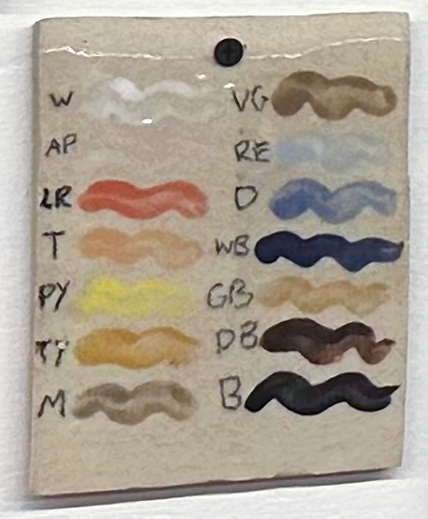 1 Stoneware test tile showing various thinly applied underglazes (Underglaze Dry Base and Underglaze Liquid Solution) with different Mason stains, clear glaze, fired in oxidation to cone 5.