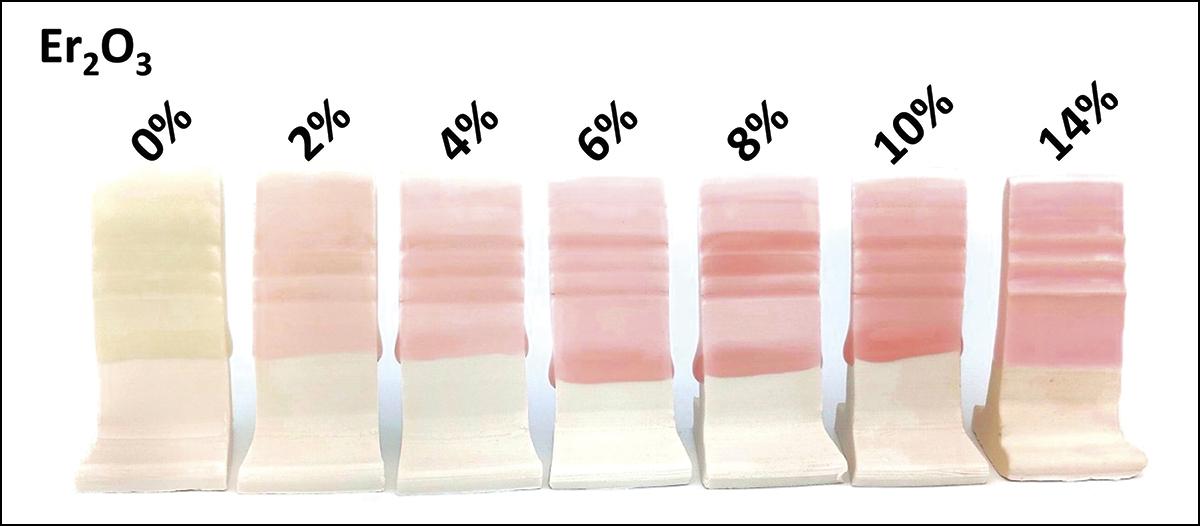 1 Erbium oxide tiles increasing in increments from 0–10%. The last tile was overloaded with erbium oxide to 14% to demonstrate how too much erbium creates an opacifying effect.