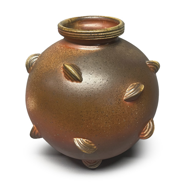 1 Mark Derby’s moon jar, 12 in. (30.4 cm) in height, wheel-thrown and wood-fired stoneware with attachments, shino glaze.