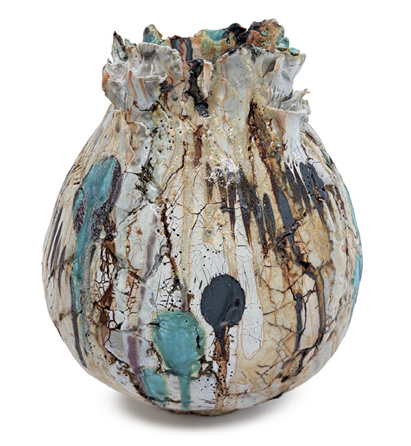 2 Rebeccah Pailes-Friedman’s Vessel no. 67, 11 in. (27.9 cm) in height, stoneware, porcelain, oxides, reactive slip, glaze, fired in reduction to cone 10, 2026.
