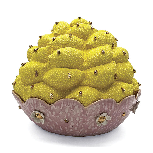 2 Hannah Faas’ Lemon Squeezy, 13 in. (33 cm) in height, ceramic, glaze, underglaze, gold luster, 2025.