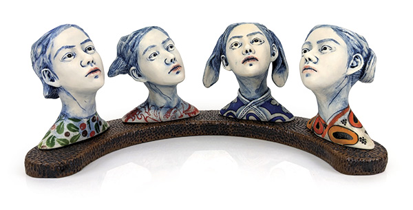 4 JeeEun Lee’s Conversation: Flights I, 5 in. (13 cm) in height, porcelain, red clay, 2026.