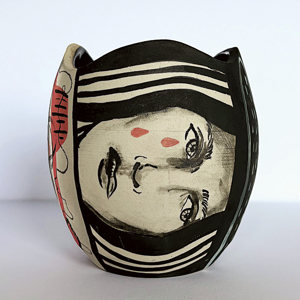 1 Cassandra Beattie’s Homebody, 4 in. (10.1 cm) in width, mid-fire porcelain, underglaze, underglaze pencil, underglaze crayon, 2026.