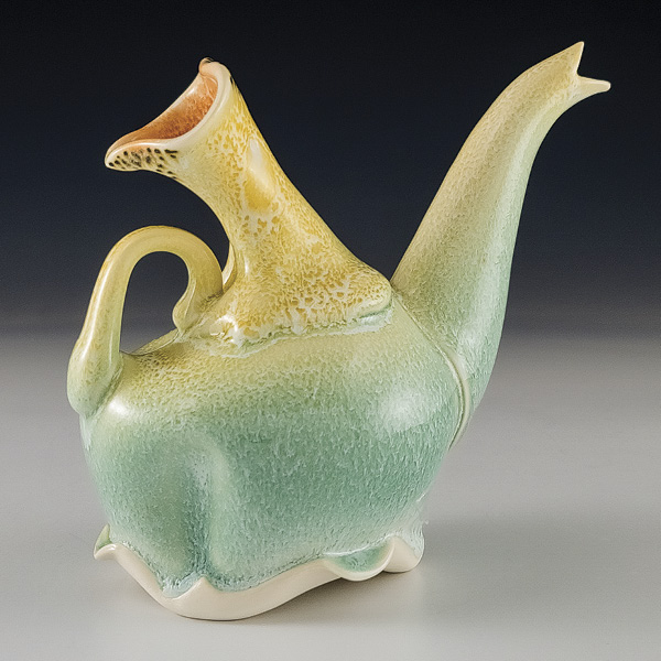 1 Martha Grover’s ewer, 7 in. (17.7 cm) in width, wheel-thrown and altered Grolleg porcelain, glaze, fired to cone 11, 2026. Photo: Companion Gallery.