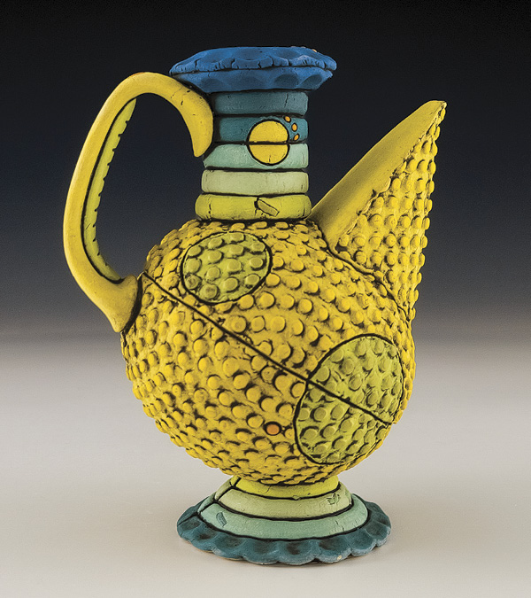 4 Eric Beavers’ Yellow Ewer, 7½ in. (19 cm) in height, handbuilt stoneware, multiple underglazes, glaze, fired to cone 6 in an electric kiln, 2026. Photo: Companion Gallery.