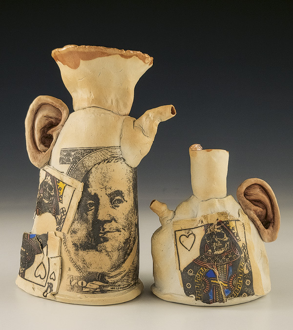 5 Zach Tate’s Broken Hearts Benjamin and Queen of Hearts Ewers, to 7¼ in. (18.4 cm) in height, porcelain, underglaze, glaze, decal, 2026. Photo: Companion Gallery.