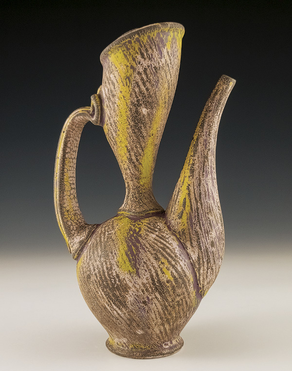 7 Eric Botbyl’s ewer, 10¼ in. (26 cm) in height, wheel-thrown and altered dark stoneware, multiple underglazes, multiple firings, hand-sanded with diamond pads, fired to cone 6, 2026. Photo: Companion Gallery.
