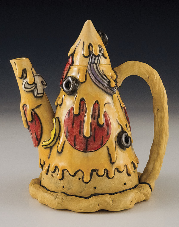 8 Ashley Bevington’s Supreme Pizza Ewer, 6¼ in. (15.9 cm) in height, handbuilt stoneware, underglaze, glaze, 2026. Photo: Companion Gallery.