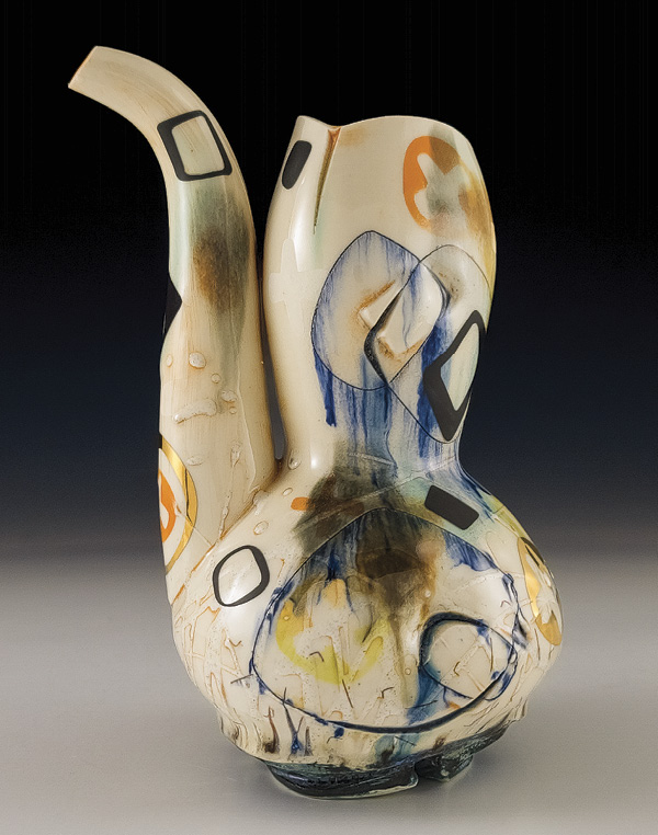9 Ray Brown’s ewer, 9 in. (22.8 cm) in height, wheel-thrown and altered porcelain, underglaze, glaze, fired to cone 6, decal, luster, 2026. Photo: Companion Gallery.