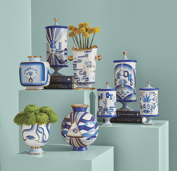 Pottery from Jonathan Adler’s Druggist collection; Delft-inspired blues accented with gold.
