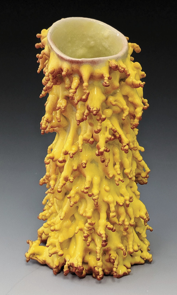 2 Maxwell Mustardo’s Yellow & Red Shot Glass, 3½ in. (8.9 cm) in height, porcelain, glaze, 2020.