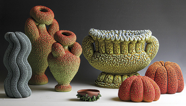 10 Maxwell Mustardo’s Group of pots: three gadroons, two amphorae, one krater, and one shot glass, 2025.