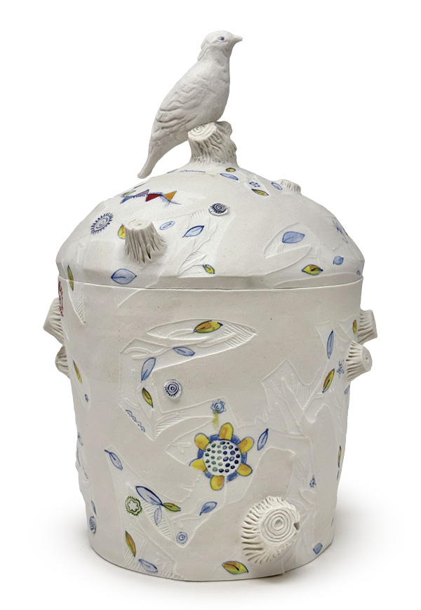 Liz Quackenbush's Perched, 10 in. (25.4 cm) in height, handbuilt porcelain, fired in oxidation to cone 10, 2026.