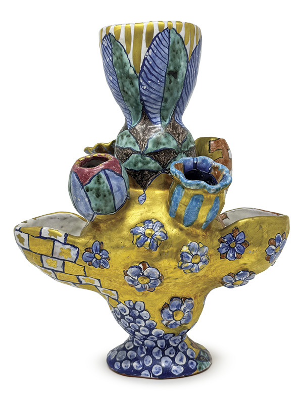 2 Liz Quackenbush's Gift Vase, 11 in. (27.9 cm) in height, handbuilt earthenware, majolica, fired in oxidation to cone 04, gold luster, 1992.