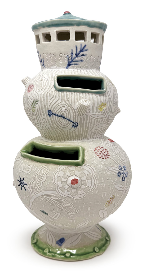 4 Liz Quackenbush's Sister Bank, 12¾ in. (32.4 cm) in height, handbuilt porcelain, fired in oxidation to cone 10, 2020.