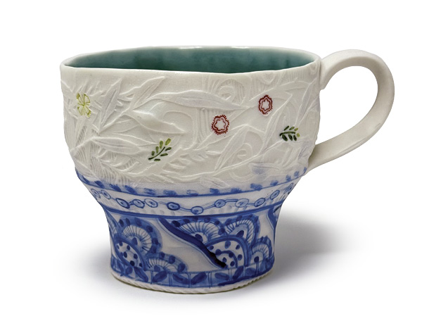 5 Liz Quackenbush's Water-etched and painted mug, 3½ in. (8.9 cm) in height, handbuilt porcelain, fired in oxidation to cone 10, 2022.