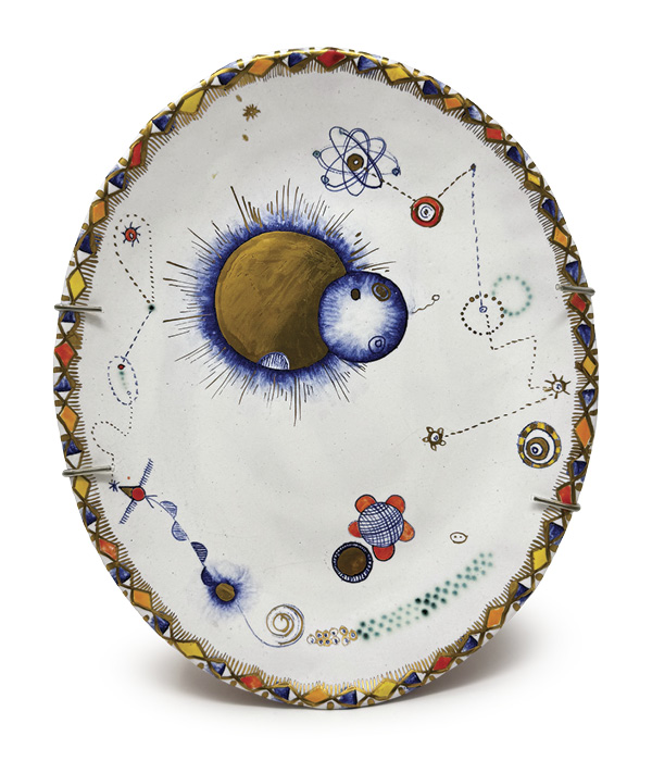 7 Liz Quackenbush's Solar System Plate, 9 in. (22.9 cm) in height, handbuilt earthenware, majolica, fired in oxidation to cone 04, gold luster, glass enamels, 2015.
