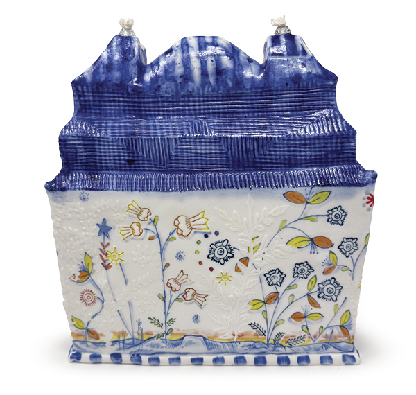 8 Liz Quackenbush's 2-Wick Oil Lamp, 9 in. (22.9 cm) in height, handbuilt porcelain, fired in oxidation to cone 10, 2025.