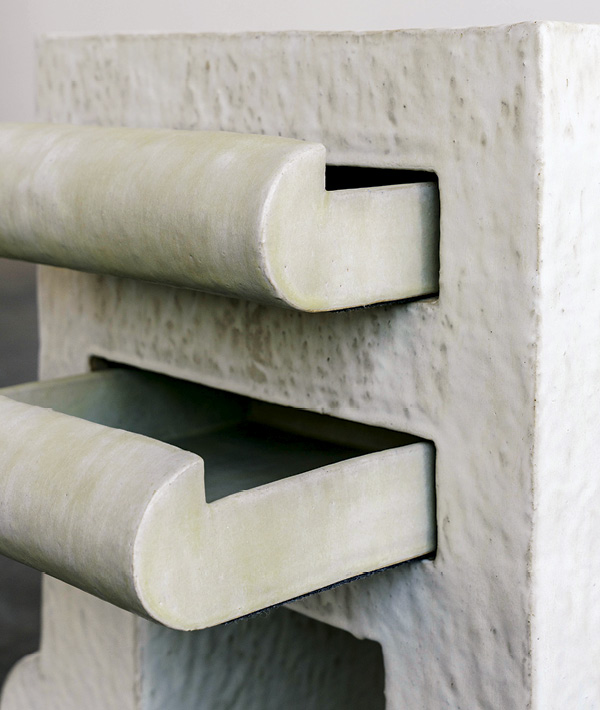 Kelsie Rudolph’s Butter Scroll Night Stand (detail), 22 in. (55.9 cm) in height, stoneware, 2025. Photo: Will Warasila.
