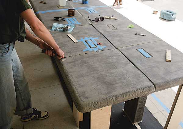 4 On-site installation of the 12-foot-long glazed stoneware dining table in Santa Fe, New Mexico. Photo: Taylor Hoover.