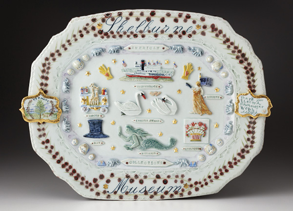 4 Mara Superior’s Shelburne Museum Collection Platter, 19 in. (48.2 cm) in length, high-fired English porcelain, ceramic oxides, underglazes, Cornwall Stone glaze, gold leaf, 2026. Collection of Shelburne Museum, museum purchase. 2026-10. Photo: John Polak Photography. “Permanent Collection,” at Shelburne Museum (shelburnemuseum.org) in Shelburne, Vermont, through October 25, 2026 and again mid-May 2027.