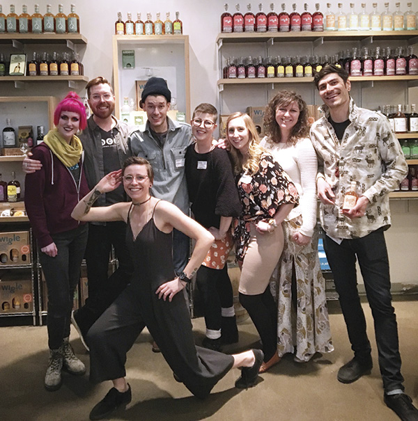 1 The original CXC crew at Pittsburgh’s Wigle Whiskey Distillery during the 2018 NCECA conference (left to right) Kero Johannes, Dustin Yager, Dehmie Dehmlow, Brent Pafford, Sam Oliver, Liana Agnew, Lindsey Elsey, and Neil Celani.