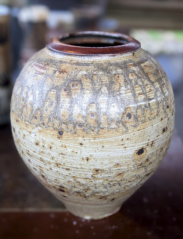 1 Ian Hall-Hough’s vase, Phoenix clay, Shino Slip brushed up to rim, dipped in Basic Ash Wash and top third of pot dipped again, fired to cone 10 in reduction in a gas kiln.