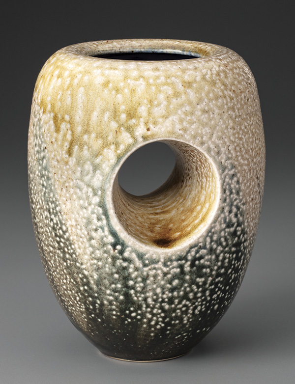 3 Maya Machin’s Tunnel Vase, white stoneware, Val Cushing Black Slip, Shiny Blue Glaze, salt glazed and wood fired to cone 10. Photo: John Polak.