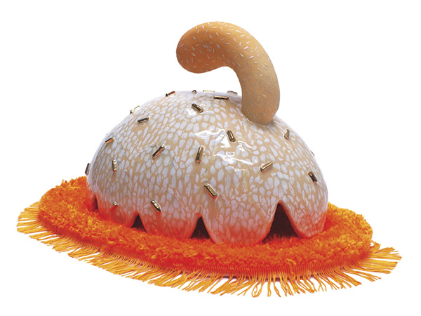 5 Hannah Ramona Johnson’s Shrimp Sundae, 21 in. (53 cm) in diameter, glazed ceramic, fired to cone 6, luster, paint, flocking, fringed tufted rug, 2023.